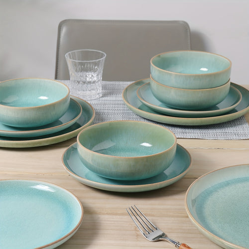 12pcs Dinnerware Set Featuring a Gradient Green Reactive Glaze, Designed in Nordic Style. This Stoneware Collection Includes Plates, Salad Plates, And Bowls, Accommodating Four People. It Is Anti-Slip, Scratch-Resistant