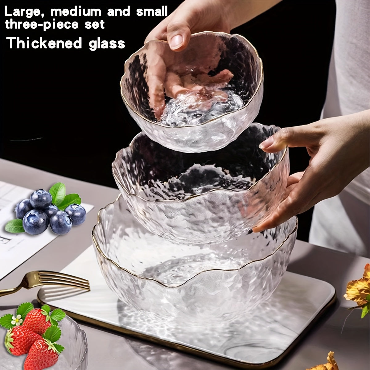 3pcs Clear Glass Salad Bowl - Nordic Style, Multi-Purpose for Desserts & Salads, Durable Kitchen Tableware, Ideal for Home, Kitchen & Restaurant Use, Dishwasher Safe, Salad Bowl