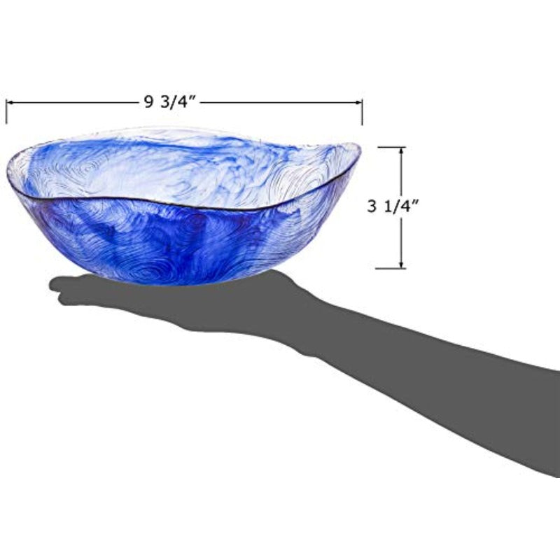 9. 5 Inch 62 Ounce Etched Wavy Glass Salad Bowl Large Tabletop Centerpiece Blue