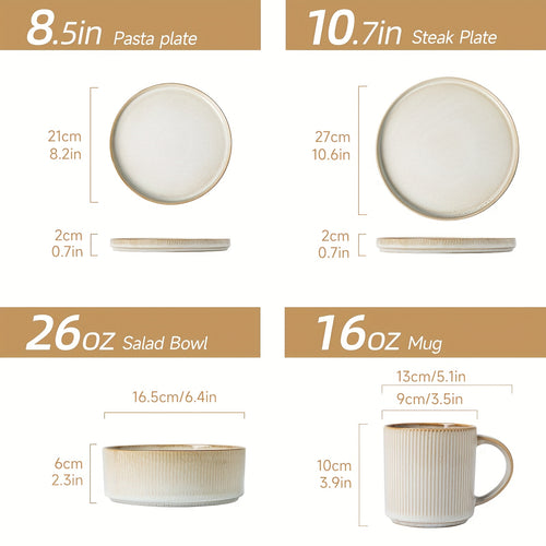 16pcs Beige Striped Ceramic Dinnerware, European Classical Style Dinnerware Set, Plate Spaghetti Bowl Soup Bowl Stoneware Set, Modern High-end Ceramic Tableware Elegant And Exquisite, Suitable For Parties, Weddings, Family Dinners, Or As Gifts