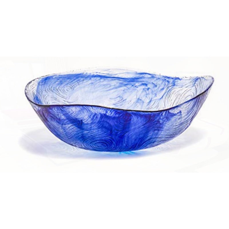 9. 5 Inch 62 Ounce Etched Wavy Glass Salad Bowl Large Tabletop Centerpiece Blue