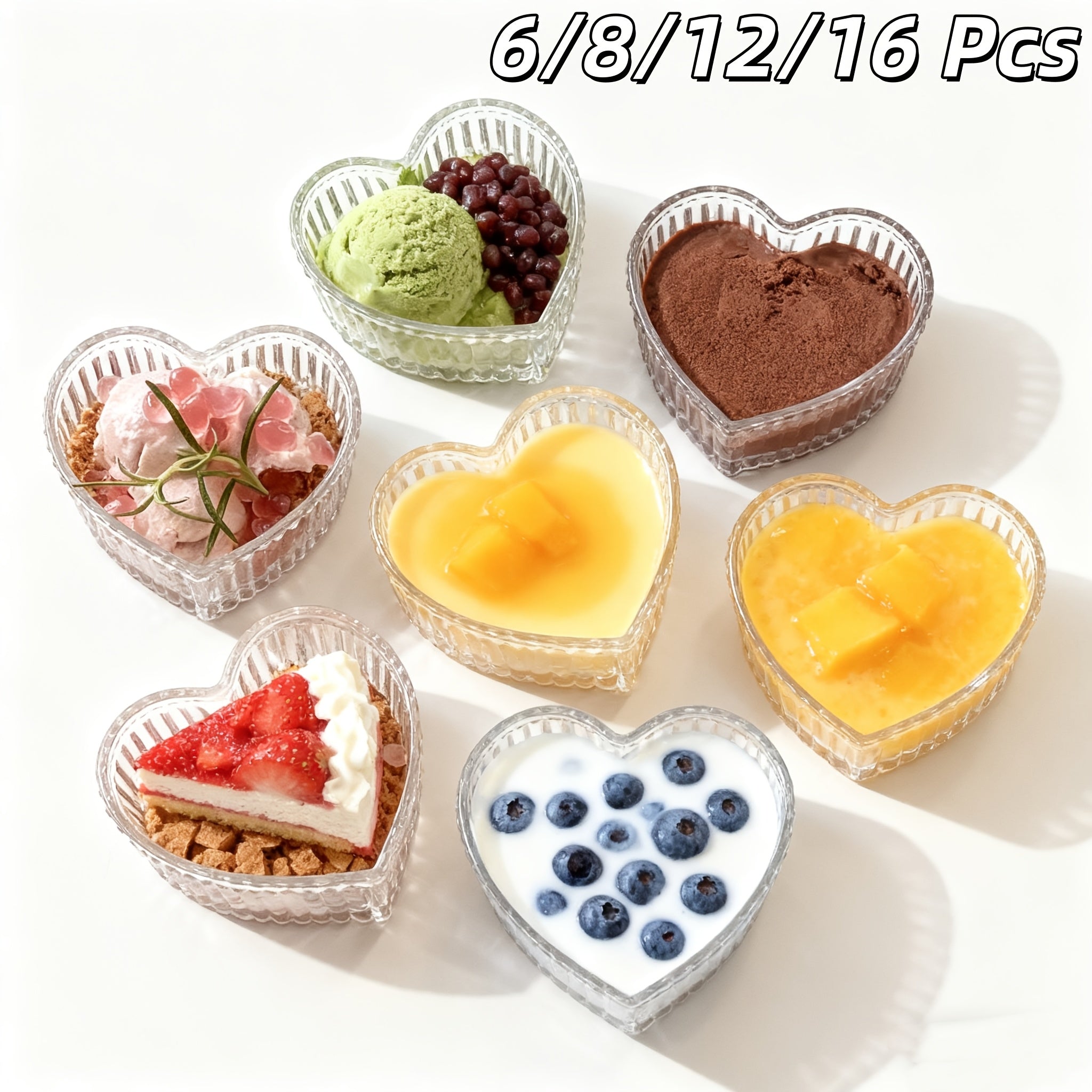 Heart-Shaped Glass Bowls Available in Sets of 6, 8, 12, Or 16, Perfect for Ice Cream, Jewelry, And Cakes. These Decorative Bowls Feature Lovely Designs And Serve As Small Dessert Plates Or Organizers for Additions