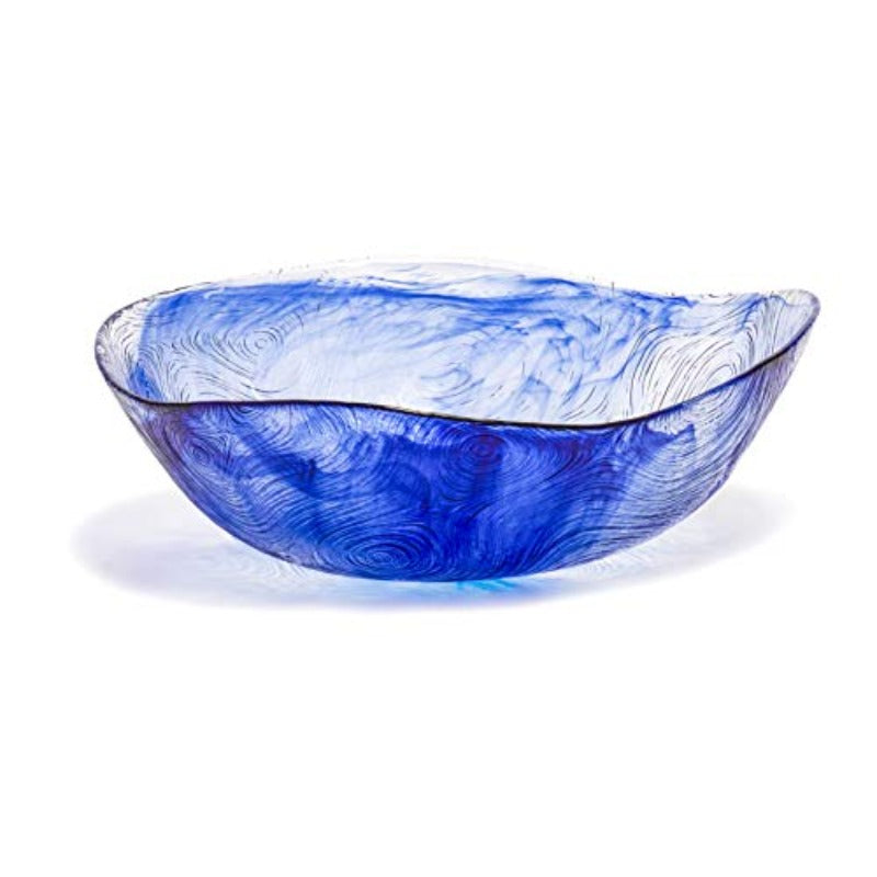 9. 5 Inch 62 Ounce Etched Wavy Glass Salad Bowl Large Tabletop Centerpiece Blue